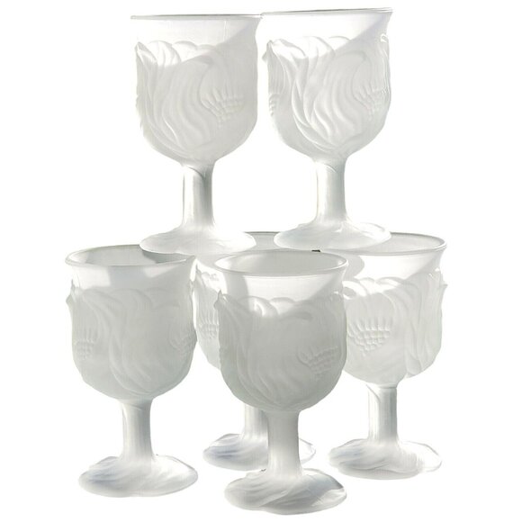 Embossed Floral Frosted Glass Water Goblet set-6 vintage1980s Avon textured - Picture 1 of 10